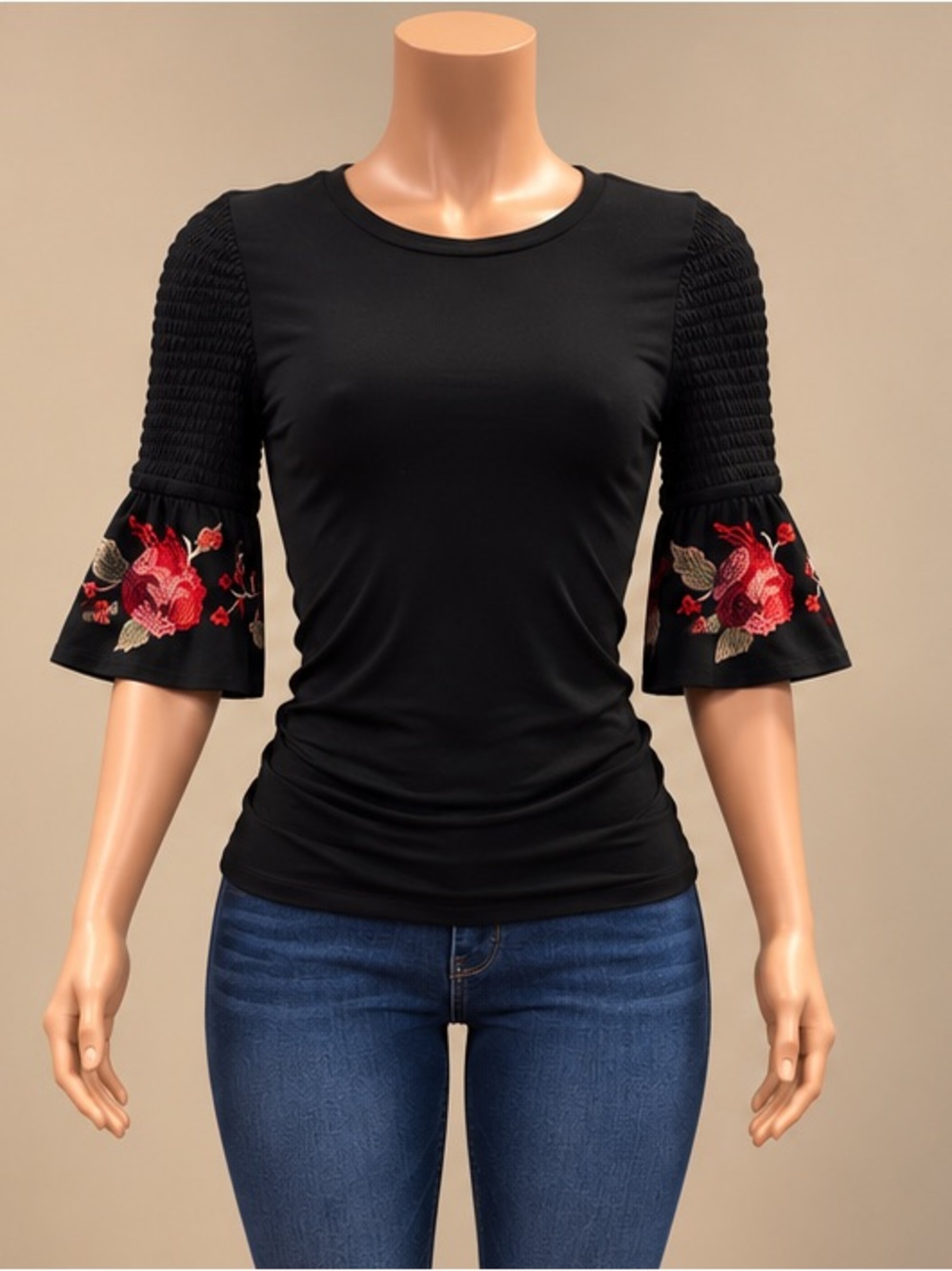 Pink Lily Black Embroidered Rose Smocked Bell Sleeve Top Boho Blouse XS